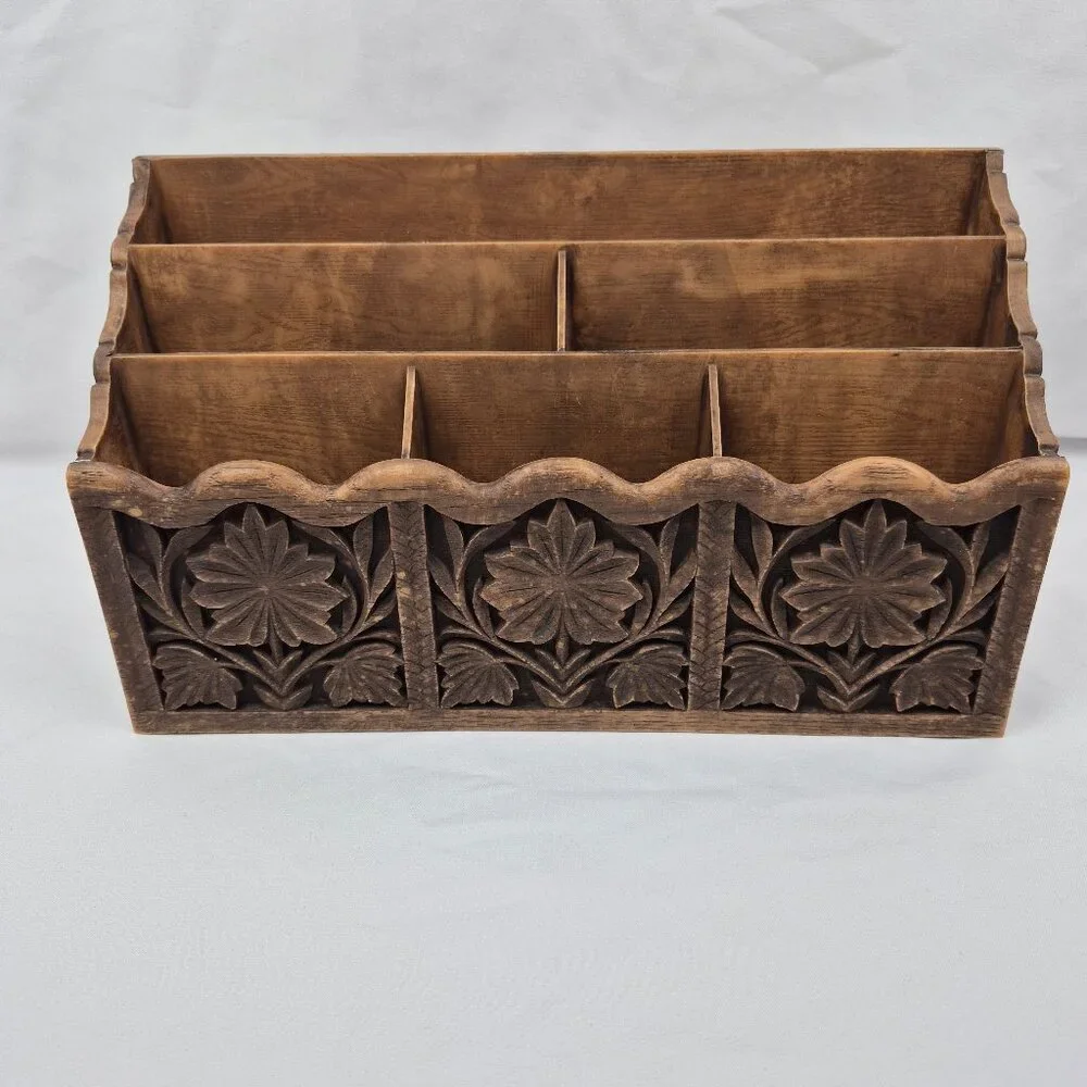 Vintage Lerner Brown Faux Carved Wood Office Desktop Organizer MCM 70's
